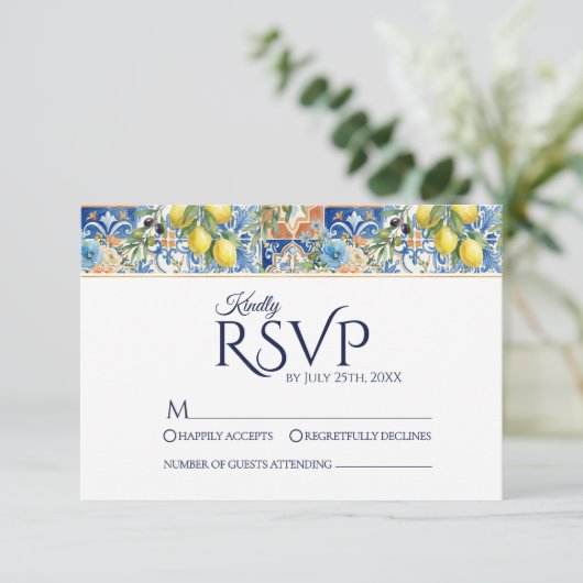 Mediterranean Lemon Tile Blue Wedding RSVP Cards (スタンド正面)