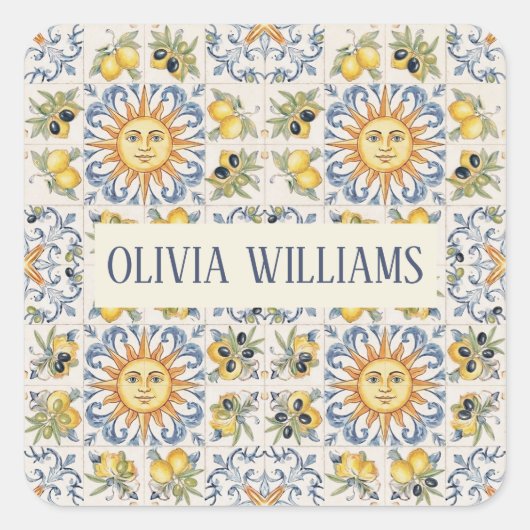 Mediterranean Lemon Tile Italian Coastal Design スクエアシール (正面)
