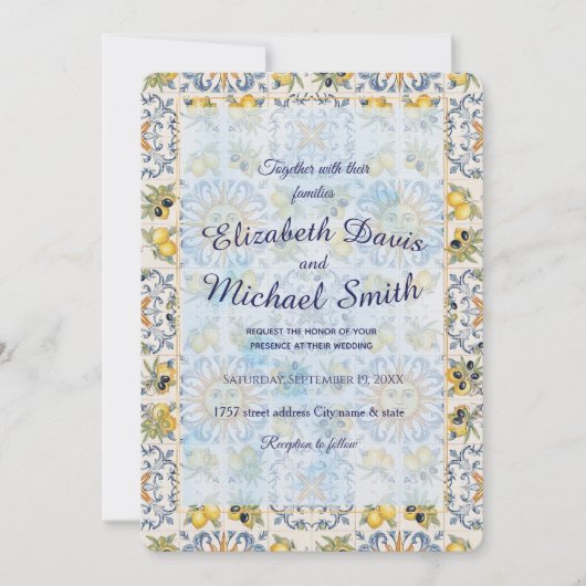 Mediterranean Lemon Tile Italian Coastal Design 招待状 (正面)