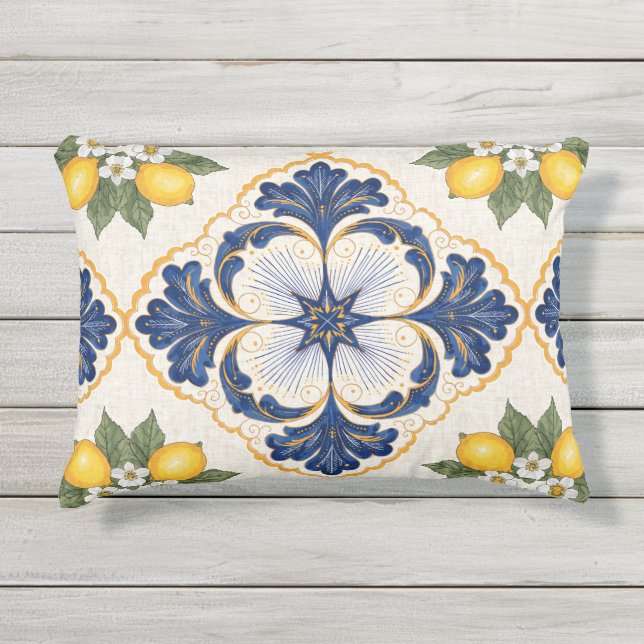 Mediterranean Lemon Tile Italian Talavera アウトドアクッション (正面)
