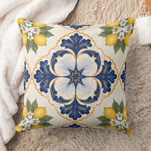 Mediterranean Lemon Tile Italian Talavera クッション (ブランケット)