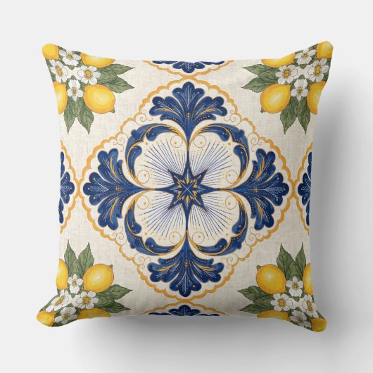 Mediterranean Lemon Tile Italian Talavera クッション (正面)