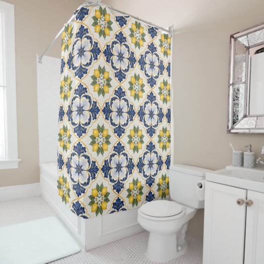 Mediterranean Lemon Tile Italian Talavera シャワーカーテン (インサイチュ)
