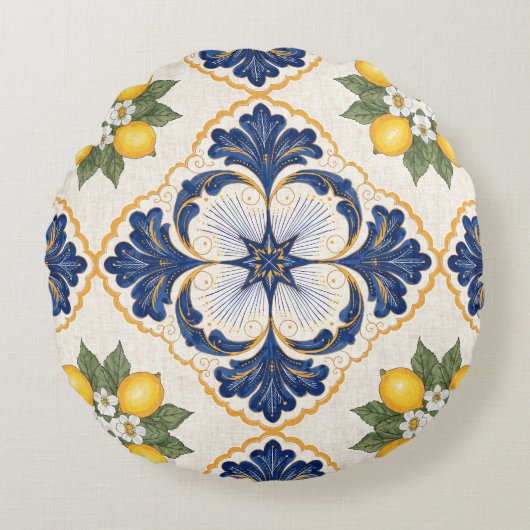 Mediterranean Lemon Tile Italian Talavera ラウンドクッション (正面)