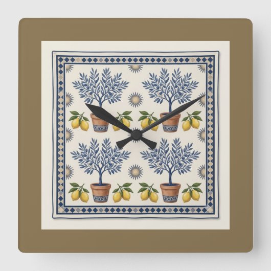 Mediterranean Lemon Tree Square Wall Clock スクエア壁時計 (正面)