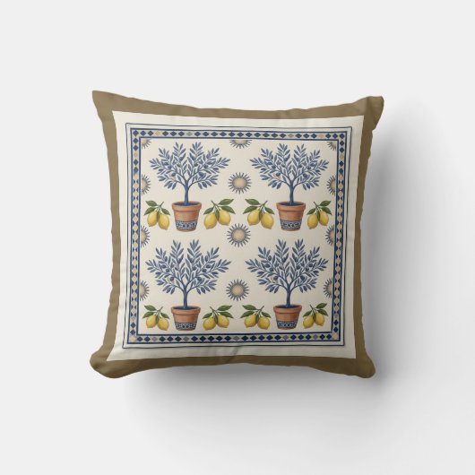 Mediterranean Lemon Tree Tile Pattern Cushion クッション (正面)