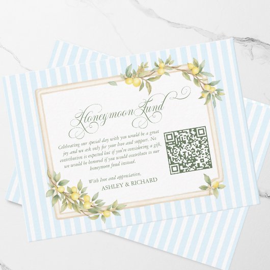 Mediterranean Lemon Wedding Honeymoon Fund QR Code エンクロージャーカード