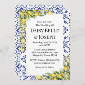 Mediterranean Lemons Blue Mosaic Tile Wedding 招待状 (正面/裏面)