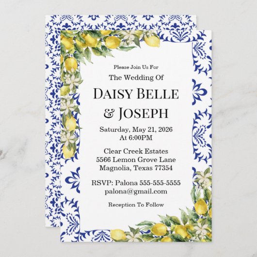 Mediterranean Lemons Blue Mosaic Tile Wedding 招待状 (正面/裏面)
