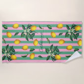 Mediterranean Lemons Pink Green Stripes Name ビーチタオル (正面)