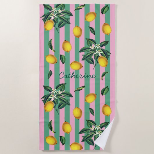Mediterranean Lemons Pink Green Stripes Name ビーチタオル (正面)