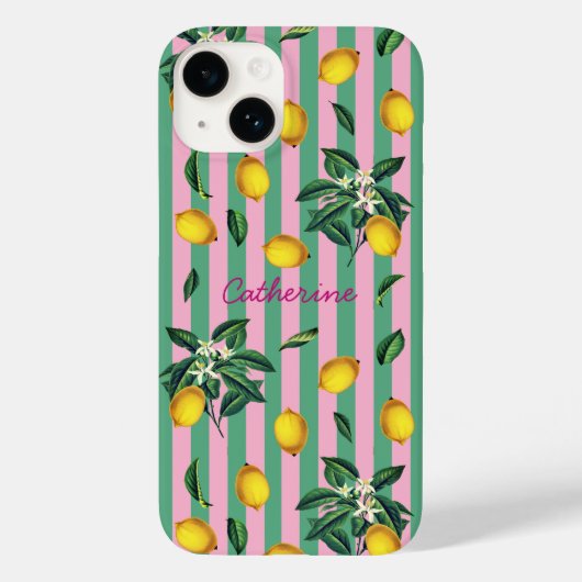 Mediterranean Lemons Pink Green Stripes Name Case-Mate iPhoneケース (裏面)