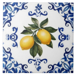 Mediterranean Lemons with Blue and White Border タイル
