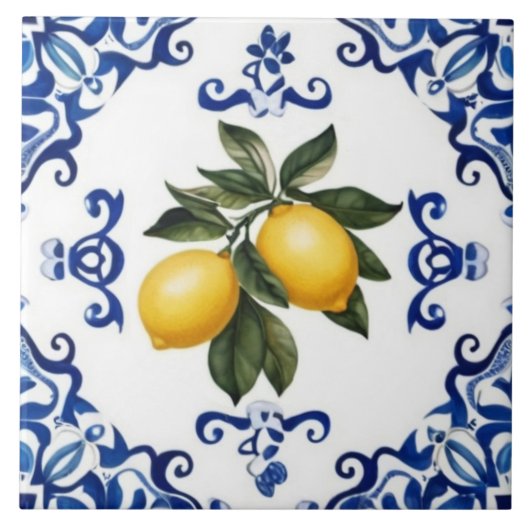 Mediterranean Lemons with Blue and White Border タイル (正面)