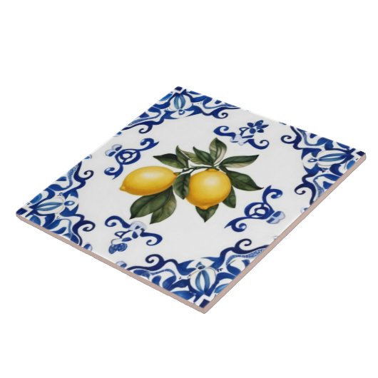 Mediterranean Lemons with Blue and White Border タイル (側面)