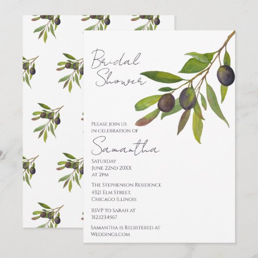 Mediterranean Minimal Olive Branch Bridal Shower 招待状 (正面/裏面)