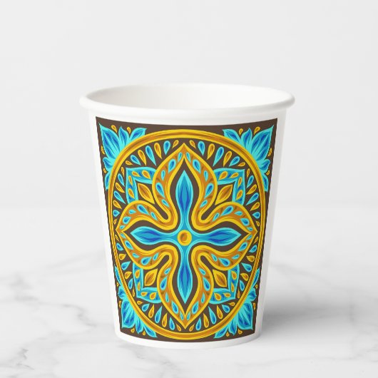 Mediterranean Moroccan Tile Pattern Blue and Gold 紙コップ (正面)