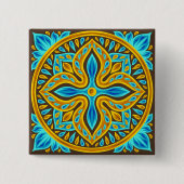 Mediterranean Moroccan Tile Pattern Blue and Gold 缶バッジ (正面)