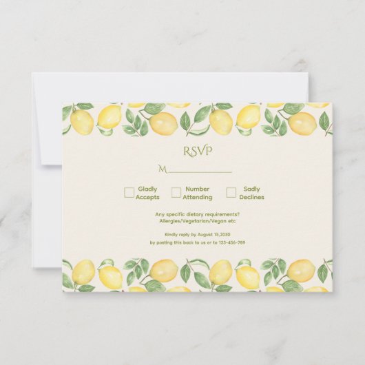 Mediterranean Olive Lemon Modern Wedding 出欠カード (正面)