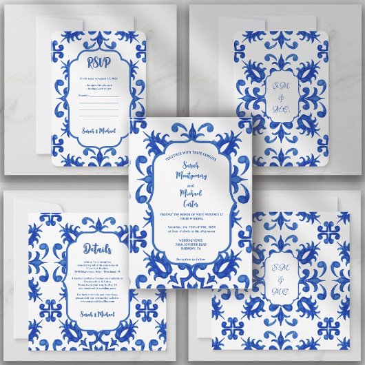 Mediterranean Portuguese Blue Tile Custom 招待状