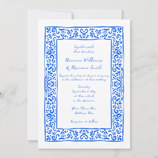 Mediterranean RSVP QR Hand Drawn Blue Wedding 招待状 (正面)