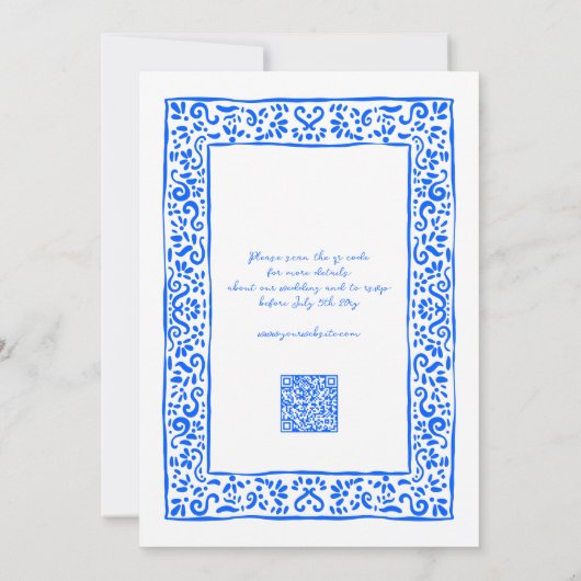 Mediterranean RSVP QR Hand Drawn Blue Wedding 招待状 (裏面)
