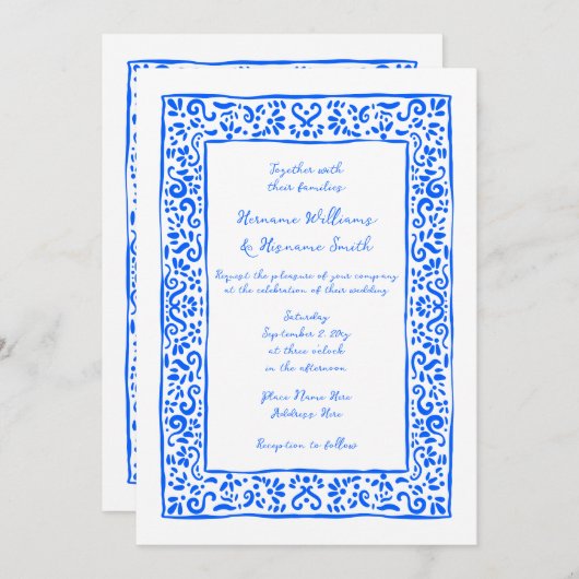 Mediterranean RSVP QR Hand Drawn Blue Wedding 招待状 (正面/裏面)