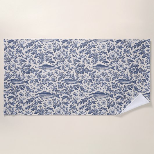 Mediterranean Sardine Chinoiserie Beach Towel | Bl ビーチタオル (正面)