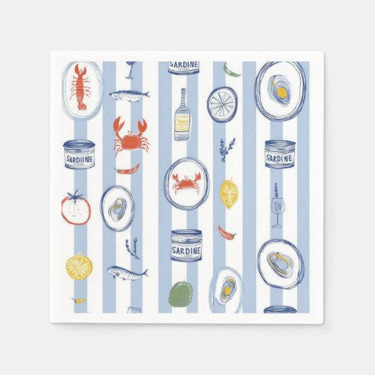 Mediterranean Seafood Sardine Blue Stripe Pattern スタンダードカクテルナプキン (正面)