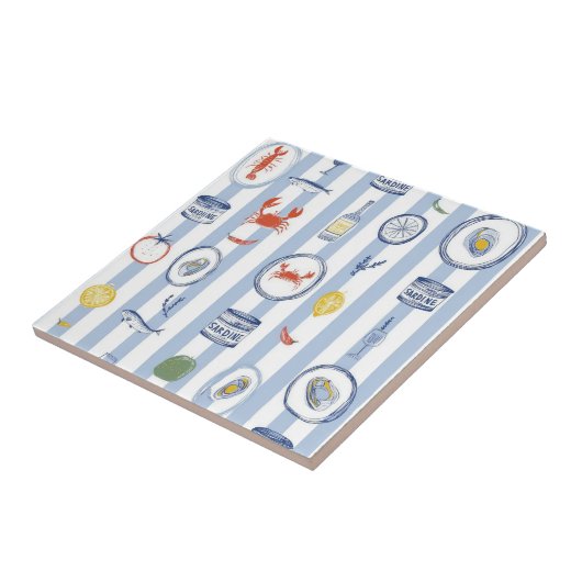Mediterranean Seafood Sardine Blue Stripe Pattern タイル (側面)