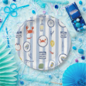 Mediterranean Seafood Sardine Blue Stripe Pattern ペーパープレート (パーティー)