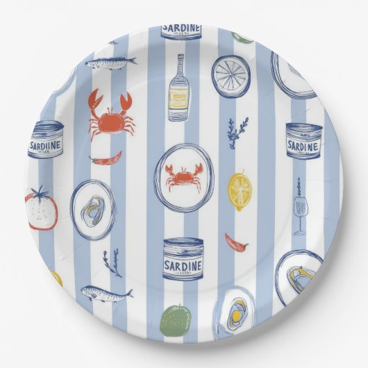 Mediterranean Seafood Sardine Blue Stripe Pattern ペーパープレート (正面)