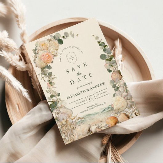 Mediterranean Seashell Botanical Wedding セーブザデート