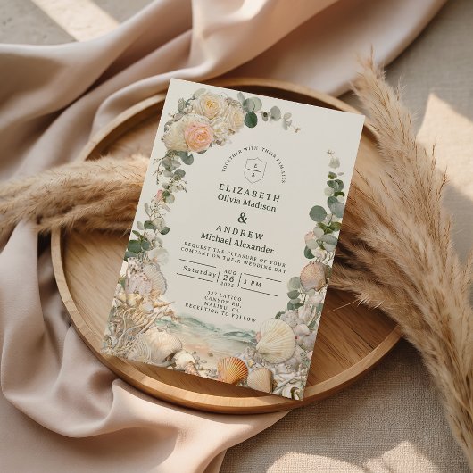 Mediterranean Seashell Botanical Wedding 招待状