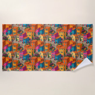 Mediterranean Streets — Colorful Houses Pattern ビーチタオル