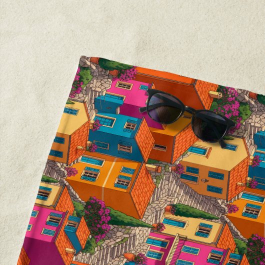 Mediterranean Streets — Colorful Houses Pattern ビーチタオル (インサイチュ)