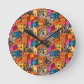 Mediterranean Streets — Colorful Houses Pattern ラウンド壁時計 (正面)