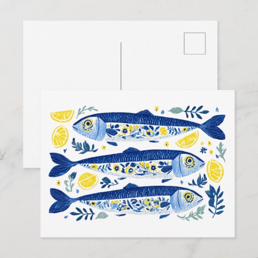 Mediterranean Summer Blue and Yellow Sardines ポストカード (正面/裏面)