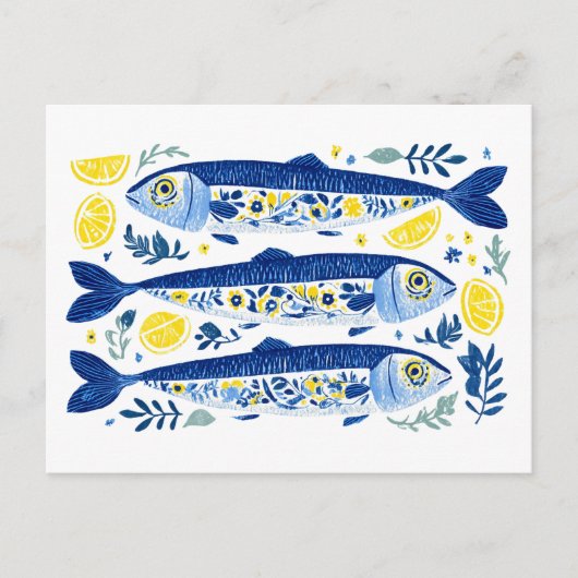 Mediterranean Summer Blue and Yellow Sardines ポストカード (正面)