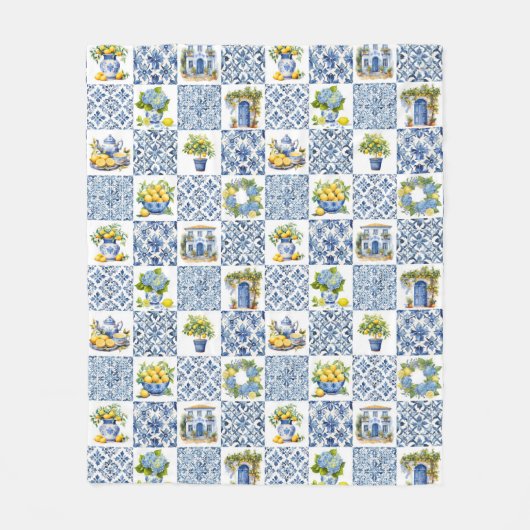 Mediterranean Summer Lemon Pattern  フリースブランケット (正面)
