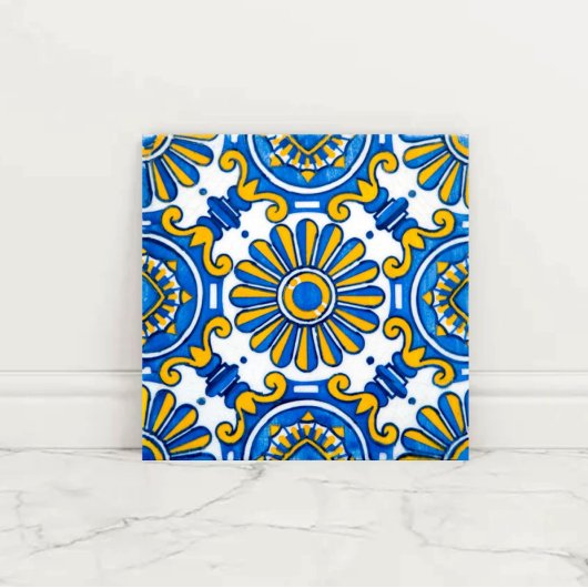 Mediterranean Sunburst Blue and Gold Floral Mosaic タイル