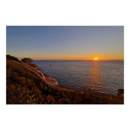 Mediterranean sunset with a boat  ポスター