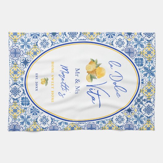 Mediterranean Tile Custom Newlywed キッチンタオル (横)
