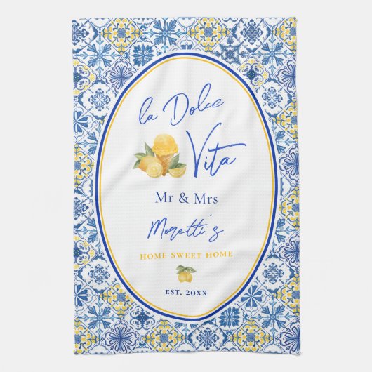 Mediterranean Tile Custom Newlywed キッチンタオル (縦)