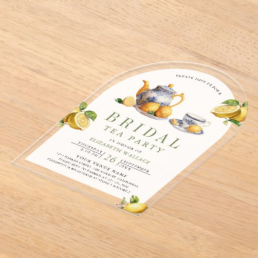 Mediterranean Tile Lemon Tea Party Bridal Shower アクリル招待状 (レイダウン)