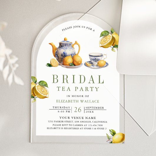 Mediterranean Tile Lemon Tea Party Bridal Shower アクリル招待状