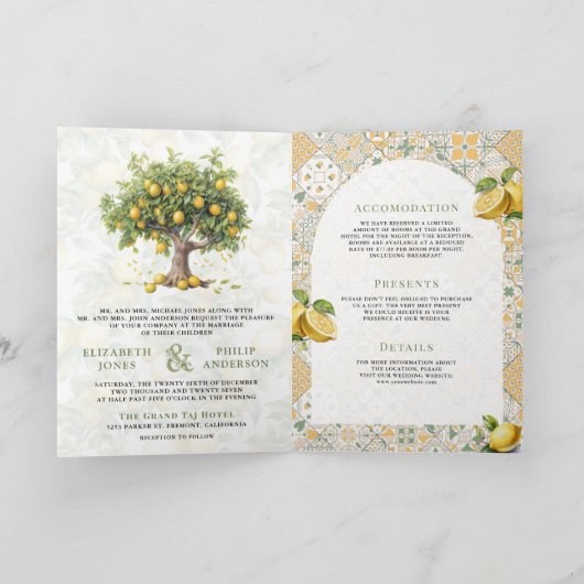 Mediterranean Tile Lemon Tree All in One Wedding 招待状 (内部)