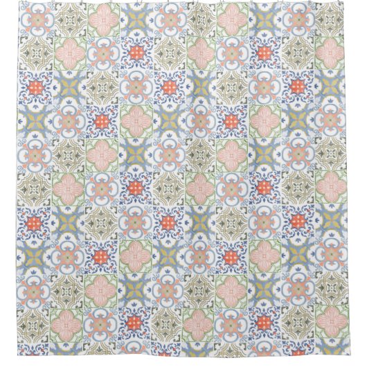 Mediterranean Tile – Vintage Portuguese Pattern シャワーカーテン (正面)