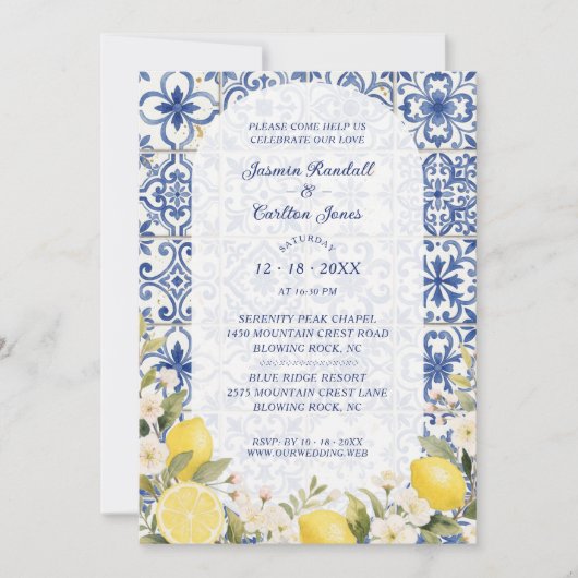 Mediterranean Tiles and Lemon Garland Wedding 招待状 (正面)