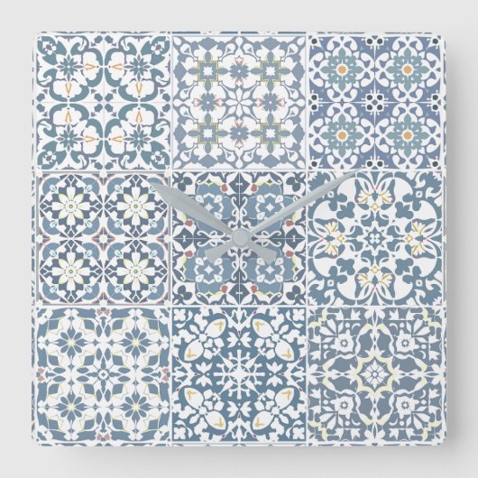 Mediterranean Tiles, Moroccan, Majolica, Azulejo スクエア壁時計 (正面)